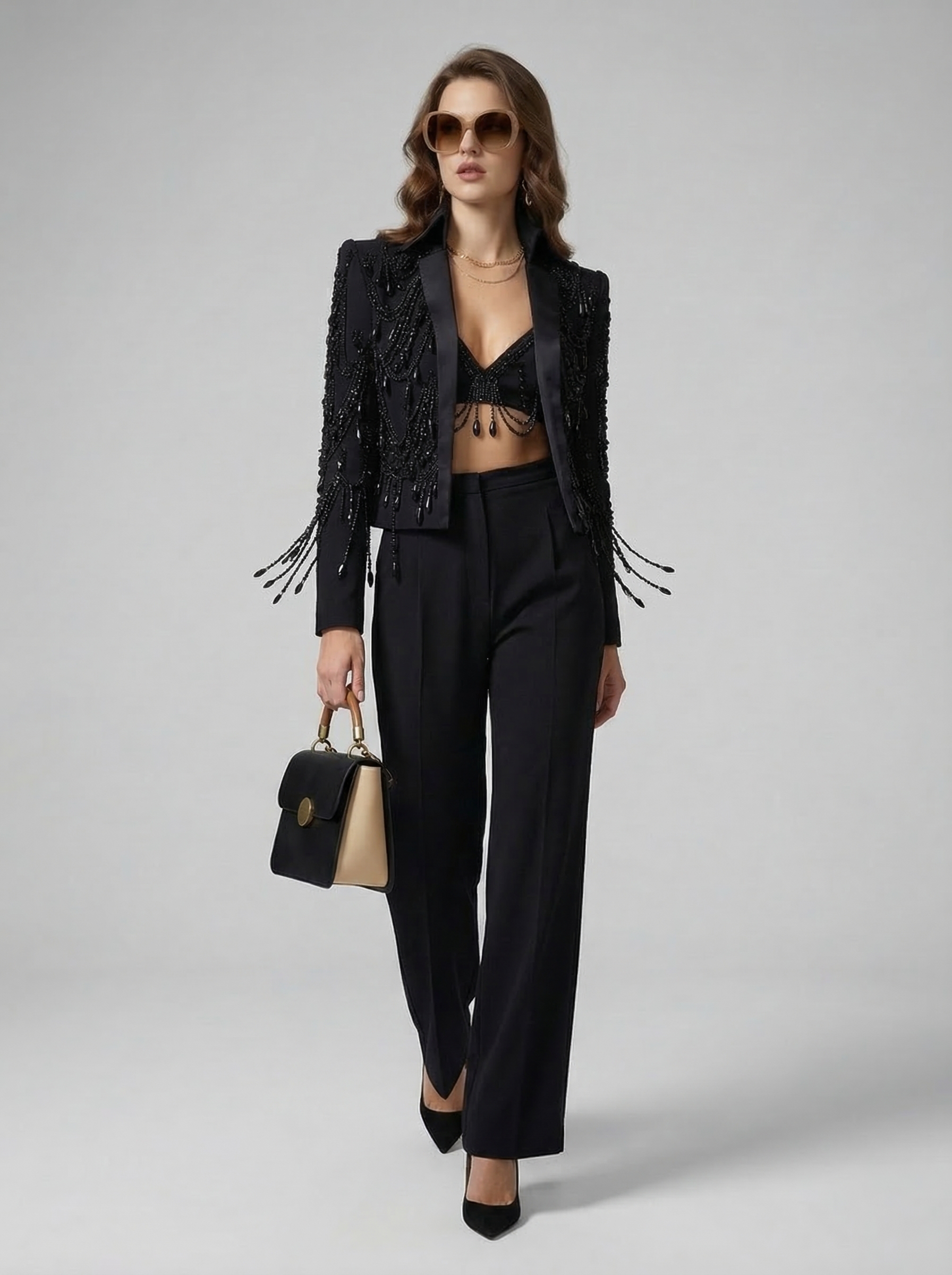 WP Super 180s Italian Wool High-Collar Crystal Couture Jacket Set