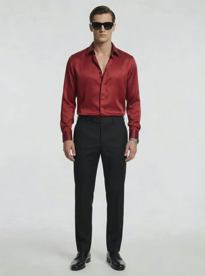 Virgin Silk Blood Red Shirt with Super 180s Wool Tailored Pants-thumbmail-3