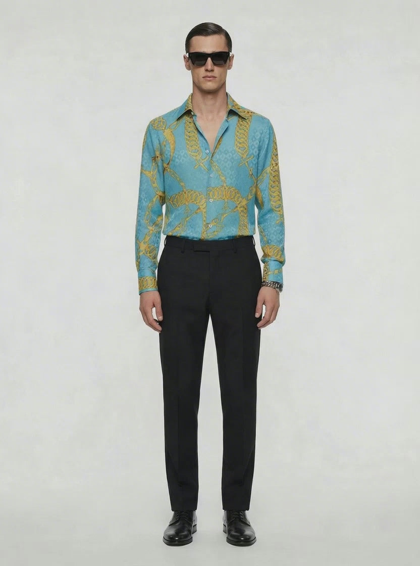 Pure Embossed Silk Chain Motif Shirt with Super 180s Wool Tailored Pants-thumbmail-3