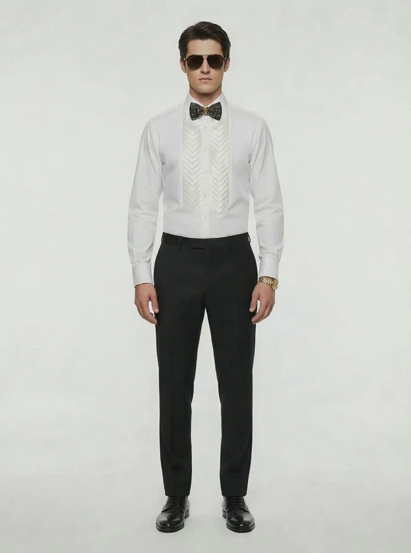WP Poplin Cotton Shirt with Aero-Shape Silk Plates & Deep Black Satin Silk Bow Tie-thumbmail-4
