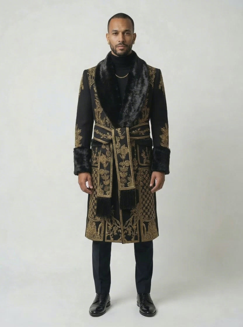 Deep Black Australian Wool Long Jacket with Fur, Napels, and Cuff Accents-thumbmail-4