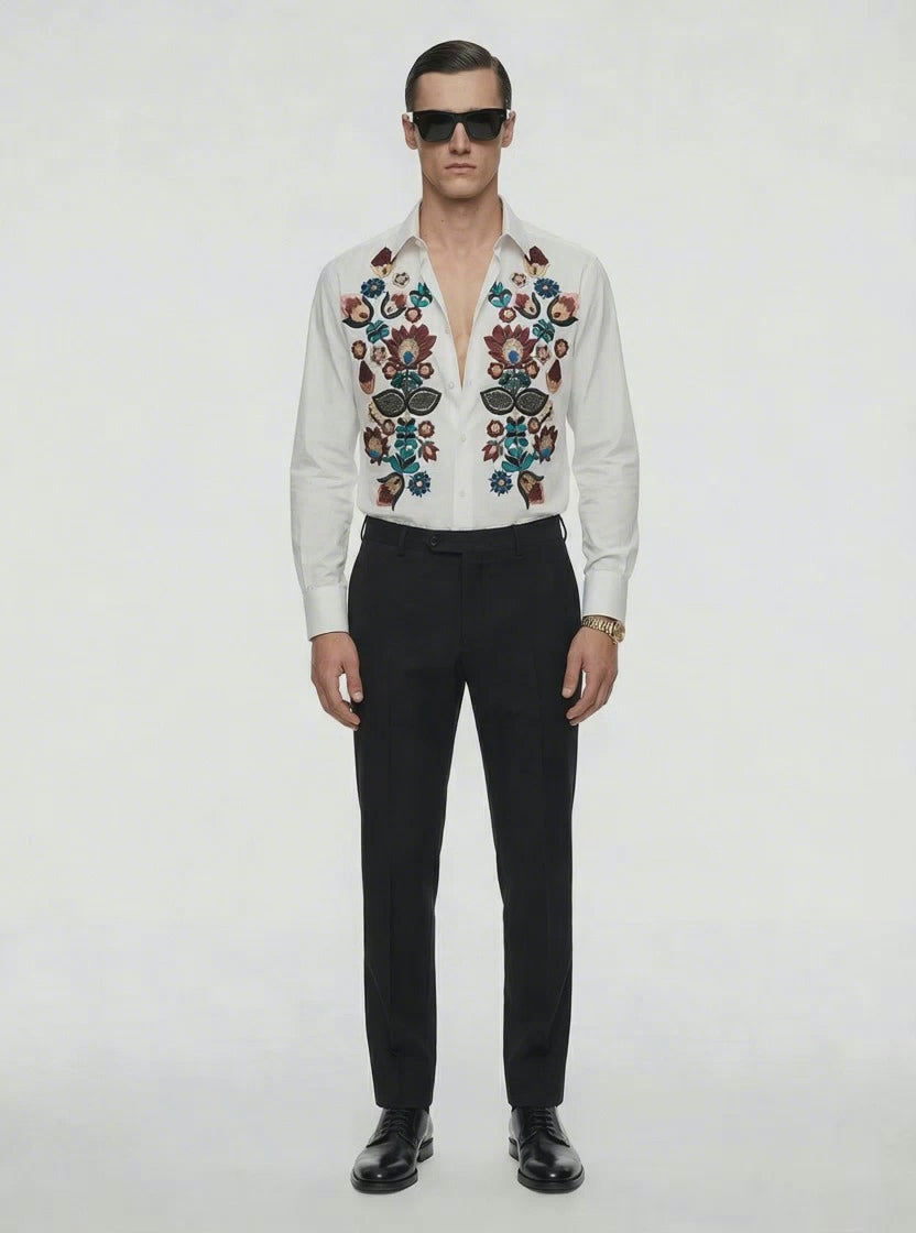 Poplin Cotton Shirt with Multi Raysham Silk Thread Hand Embroidery & Metal Pipe Work with Super 180s Wool Tailored Pants-thumbmail-3
