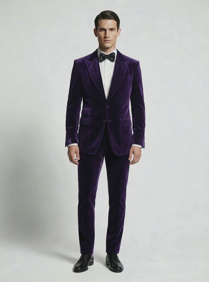 French Velvet Handmade Non Canvas Purple Velvet Suit with Slim Fit White Shirt-thumbmail-4