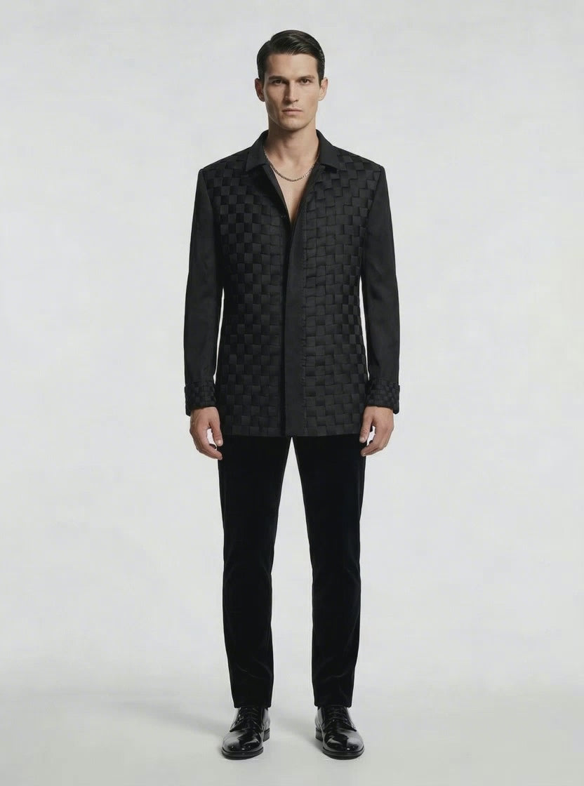 Virgin Deep Black Silk Strip Constructed Jacket with Silk Pants-thumbmail-4