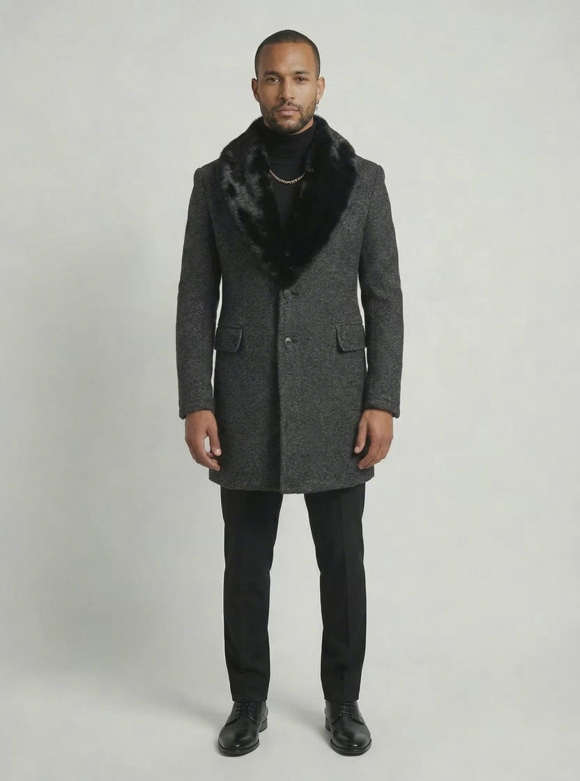 Australian Wool & Silk Charcoal Grey Long Jacket with High Shawl Fur Collar & Super 220s Wool Pants-thumbmail-4