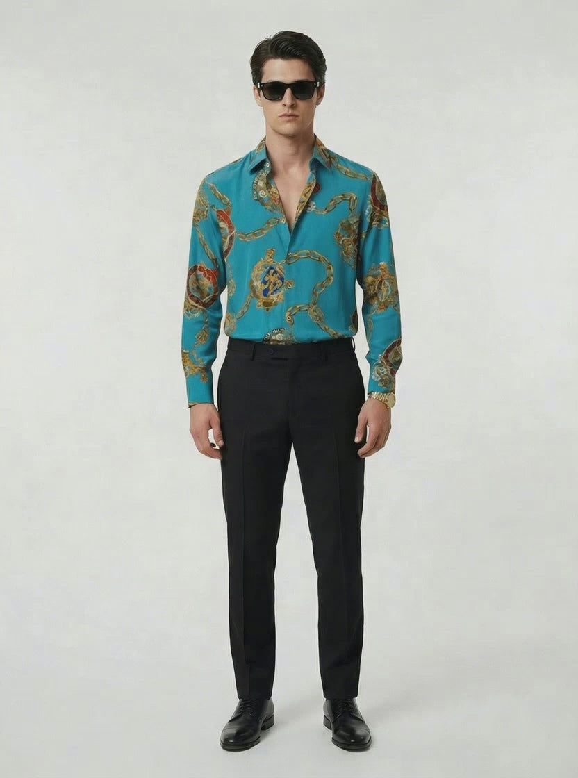 Embossed Silk Heritage Motif Shirt with Super 180s Wool Tailored Pants-thumbmail-3