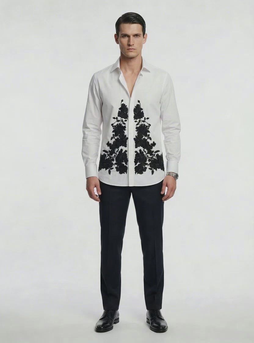 WP Poplin Stretch Cotton Shirt with Black Raysham Silk & Stone Hand-Embellished Bow-thumbmail-3