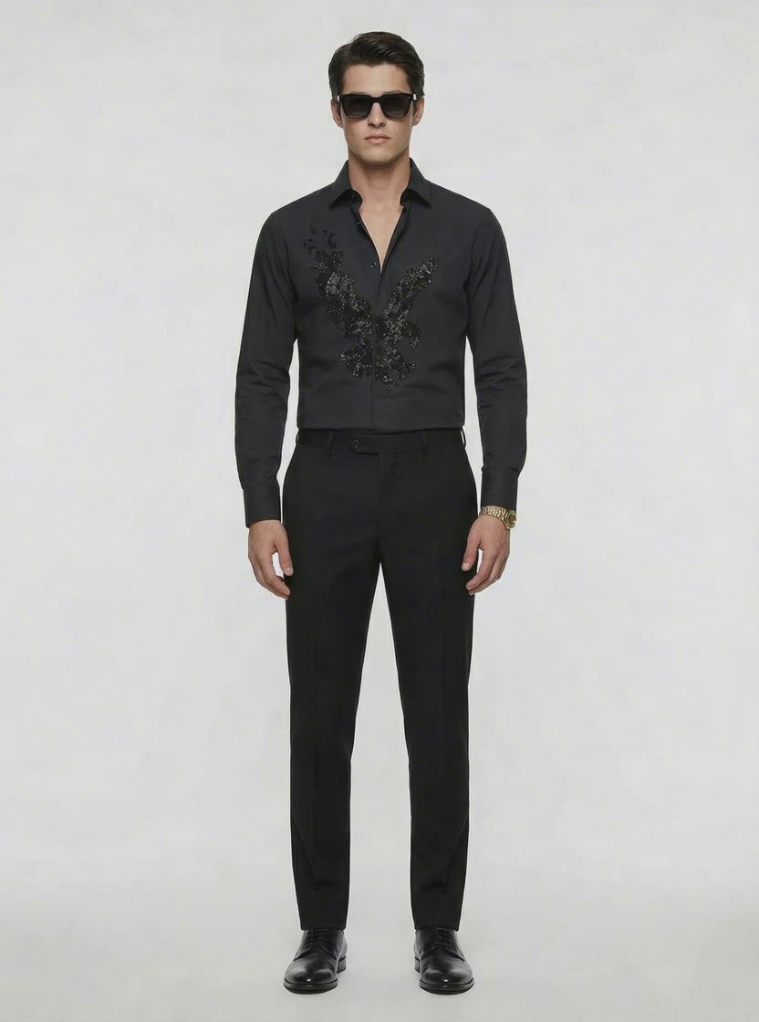 WP Black Egyptian Cotton Shirt with American Eagle Logo Stone Work Hand Embellishment-thumbmail-3
