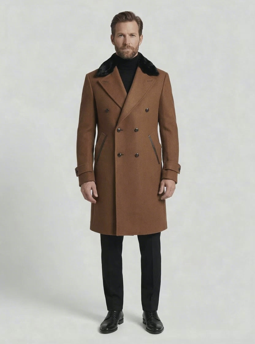 Australian Wool Double-Breasted Long Jacket with Fur Collar & Super 180 Wool Pants-thumbmail-4