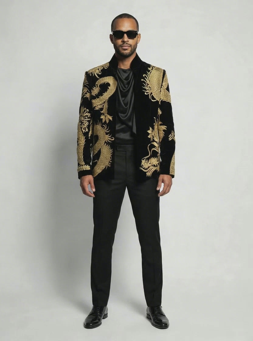 Hand-Made Black Velvet High Ban Collar Jacket with Dull Gold Silk &amp; Tilla Thread Chinese Dragon-thumbmail-4