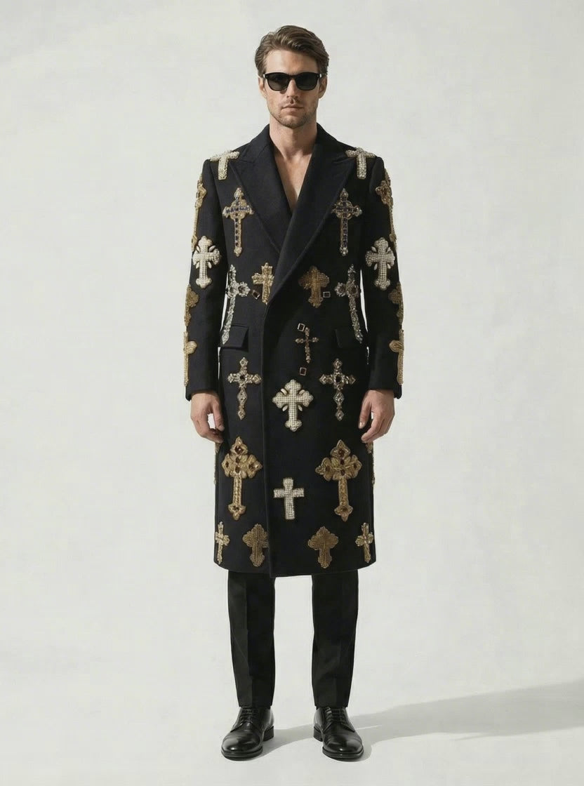 Supreme Italian Wool Christian Cross Embellished Long Jacket-thumbmail-4